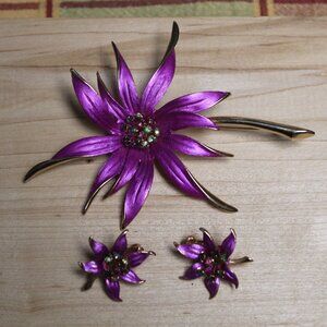Vintage Lisa Purple Enamel Flower Brooch Clip Earrings Multi-Color Rhinestones